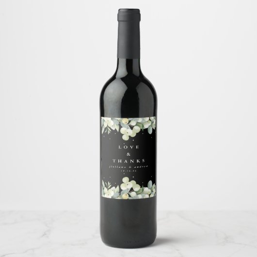 Étiquette Pour Bouteilles De Vin Black Snowberry+Eucalyptus Mariage d'hiver (Devant)