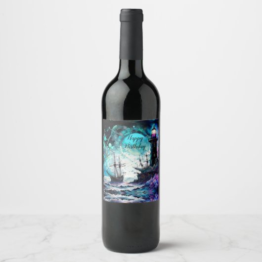 Étiquette Pour Bouteilles De Vin Blacklight-Lighthouse et voilier mer tempête (Devant)