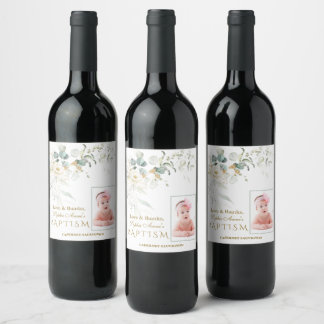 Étiquette Pour Bouteilles De Vin Blanc Floral Airy Green Girl Photo Baptism Fav