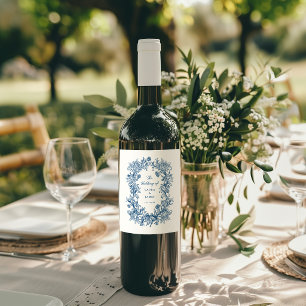 Étiquette Pour Bouteilles De Vin Blason Floral Bleu Élégant Monogramme Mariage