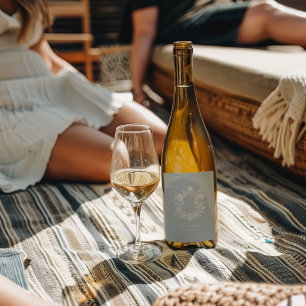 Étiquette Pour Bouteilles De Vin Blason Floral Bleu Élégant Monogramme Mariage