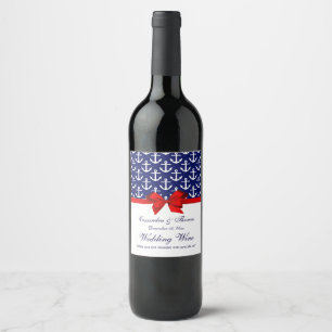 Étiquette Pour Bouteilles De Vin Bleu marine, ancres blanches ruban rouge noeud pap