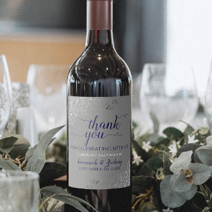Étiquette Pour Bouteilles De Vin Bleu marine avec frites d'argent Merci Mariage gri