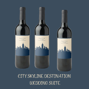 Étiquette Pour Bouteilles De Vin bleu marine Jet Set ville Skyline Destination Wedd
