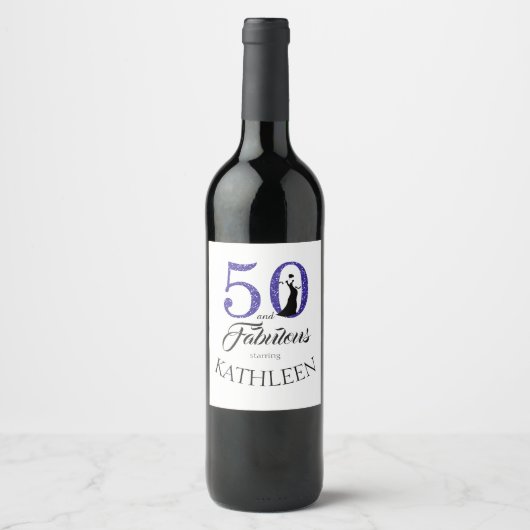 Étiquette Pour Bouteilles De Vin Blue 50 et fabuleux fête d'anniversaire Nom person (Devant)