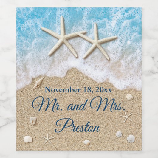 Étiquette Pour Bouteilles De Vin Blue Beach Waves & Starfish (Étiquettes simples)