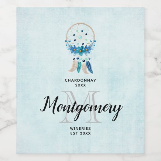 Étiquette Pour Bouteilles De Vin Blue Dreamcatcher Design Boho élégant vinification (Étiquettes simples)