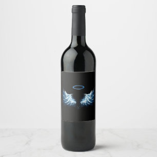 Étiquette Pour Bouteilles De Vin Blue Glowing Angel Wings on black background