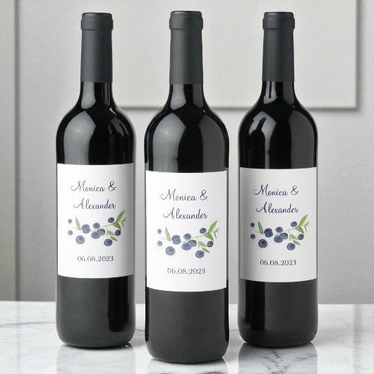 Étiquette Pour Bouteilles De Vin Blueberries Fruits bleuets Mariage d'été