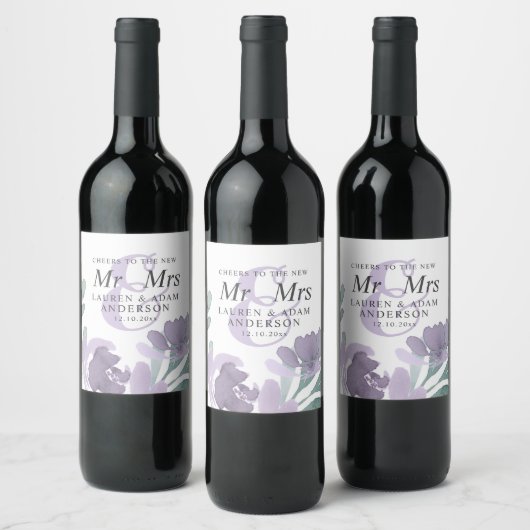 Étiquette Pour Bouteilles De Vin Boho Aquarelle violet fleurs Mariage (Bouteilles)