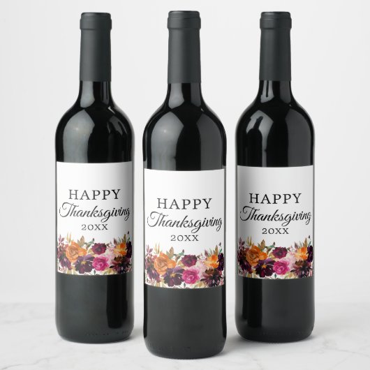 Étiquette Pour Bouteilles De Vin Boho d'automne aquarelle florale Thanksgiving (Bouteilles)