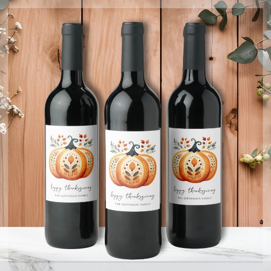 Étiquette Pour Bouteilles De Vin Boho Folk Citrouille Thanksgiving