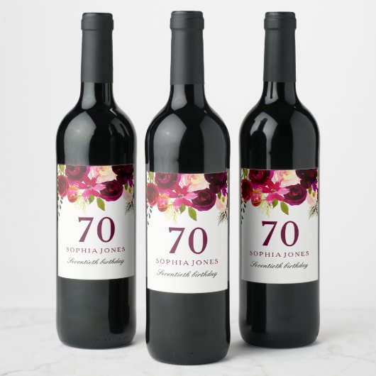 Étiquette Pour Bouteilles De Vin Boho rouge bordeaux 70e fête d'anniversaire (Bouteilles)