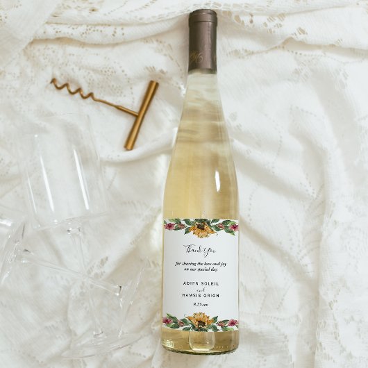 Étiquette Pour Bouteilles De Vin Boho Sunflower Mariage Merci Vin Étiquette