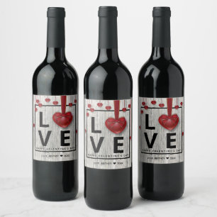 Étiquette Pour Bouteilles De Vin Bois moderne Rustique Saint Valentin AMOUR Coeurs 