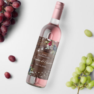 Étiquette Pour Bouteilles De Vin Bois rustique Bourgogne Floral Lumières Mariage