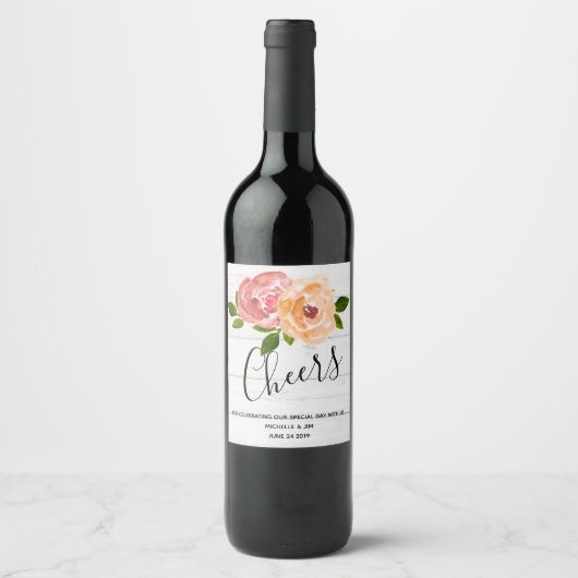 Étiquette Pour Bouteilles De Vin Bois rustique mariage à fleurs en bois (Devant)