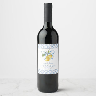 Étiquette Pour Bouteilles De Vin Boîtier Cadeau Aquarelle bleu Bow Lemons