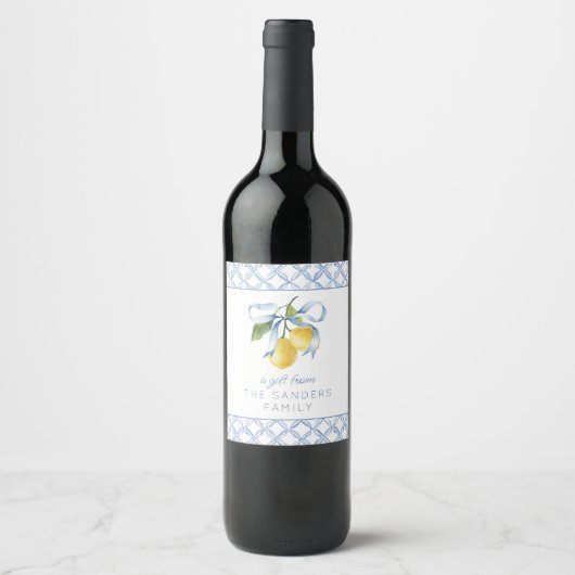 Étiquette Pour Bouteilles De Vin Boîtier Cadeau Aquarelle bleu Bow Lemons (Devant)