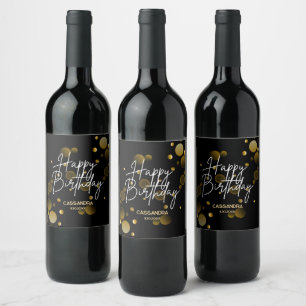Étiquette Pour Bouteilles De Vin Bokeh or moderne Gradient Noir Joyeux Anniversaire
