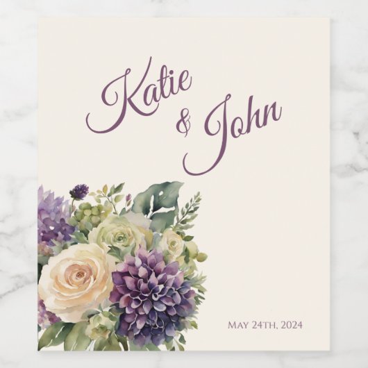 Étiquette Pour Bouteilles De Vin Bouquet de fleurs violettes d'aquarelle Mariage (Étiquettes simples)