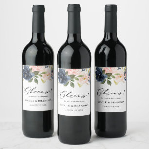 Étiquette Pour Bouteilles De Vin Bouquet floral Blush et Navy Cheval Mariage