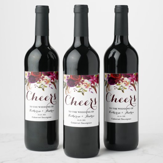 Étiquette Pour Bouteilles De Vin Bourgogne Marsala Rouge Boho Floral Mariage (Bouteilles)