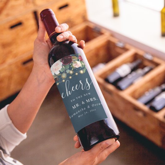 Étiquette Pour Bouteilles De Vin Bourgogne rustique Bleu marine & Rouge  Fleurs  & 