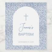 Étiquette Pour Bouteilles De Vin Boy Baptism Blue White Arch Floral Pattern Script  (Étiquettes simples)