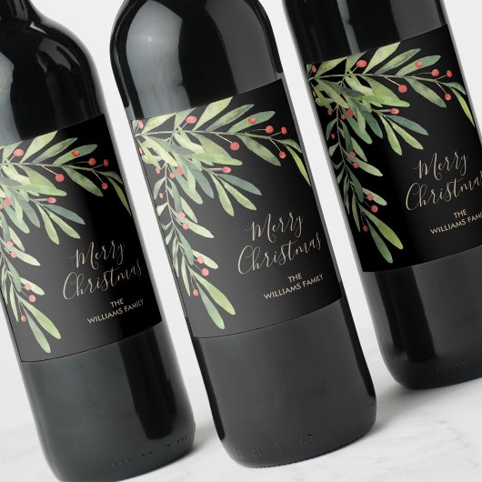Étiquette Pour Bouteilles De Vin Branches Baies Noël Fêtes Noir