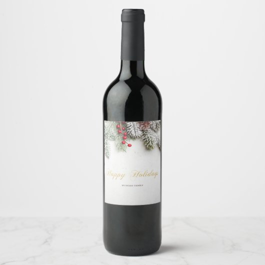 Étiquette Pour Bouteilles De Vin Branches de pin enneigées Noël (Devant)