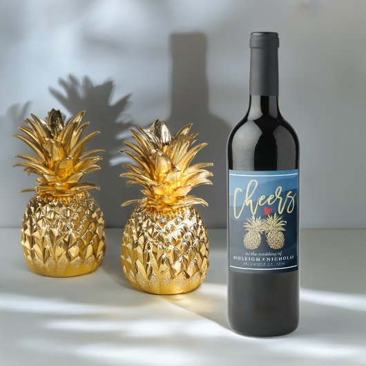 Étiquette Pour Bouteilles De Vin Bravo à Mariage Gold Pineapple Couple Marine Bleu