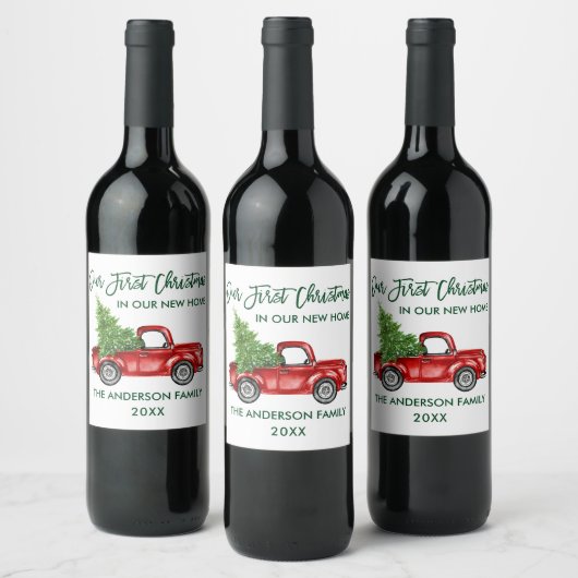 Étiquette Pour Bouteilles De Vin Brosse verte Script Premier Noël Nouveau Camion à  (Bouteilles)