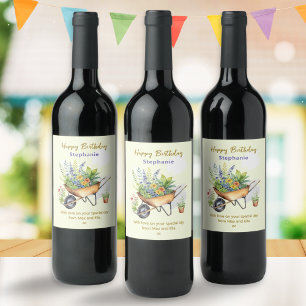 Étiquette Pour Bouteilles De Vin Brouette de jardin Joyeux anniversaire personnalis