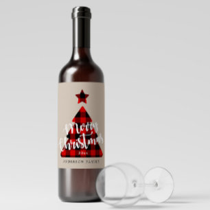 Étiquette Pour Bouteilles De Vin Buffalo Plaid Arbre de Noël Kraft