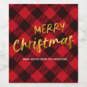 Étiquette Pour Bouteilles De Vin Buffalo Red Plaid et Gold Foil Script Noël (Étiquettes simples)