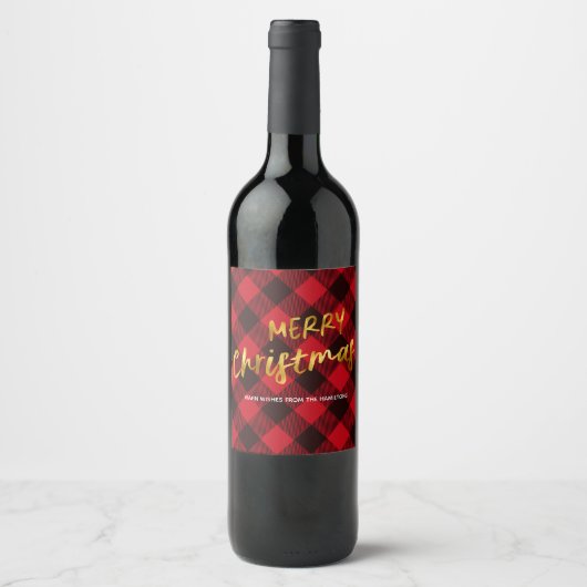 Étiquette Pour Bouteilles De Vin Buffalo Red Plaid et Gold Foil Script Noël (Devant)