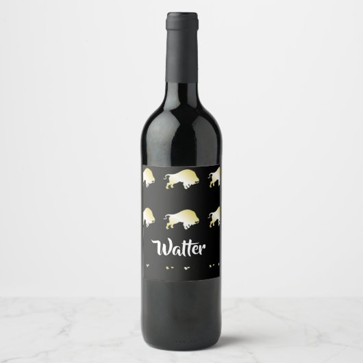 Étiquette Pour Bouteilles De Vin Buffle d'or sur noir (Devant)