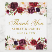 Étiquette Pour Bouteilles De Vin Burgundy Aquarelle Floral Mariage de script or (Étiquettes simples)