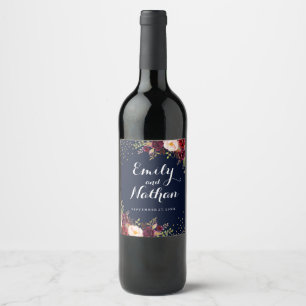 Étiquette Pour Bouteilles De Vin Burgundy Gold Navy Floral Mariage de automne Étiqu