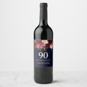 Étiquette Pour Bouteilles De Vin Burgundy Red Floral Navy 90e fête d'anniversaire