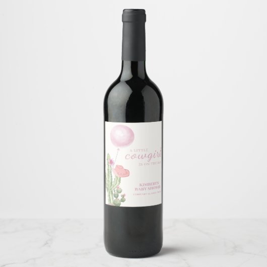 Étiquette Pour Bouteilles De Vin Cactus à fleurs roses Baby shower à ballons (Devant)