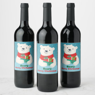 Étiquette Pour Bouteilles De Vin Cadeaux d'ours polaires mignons et message jouant