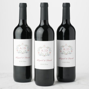Étiquette Pour Bouteilles De Vin Cadre floral Monogrammes Mariages religieux