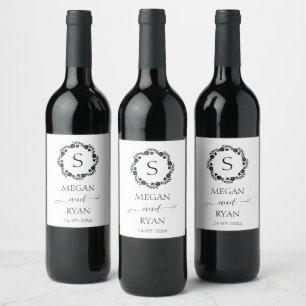 Étiquette Pour Bouteilles De Vin Cadre Floral Noir Élégant Monogramme Vin Coeur La