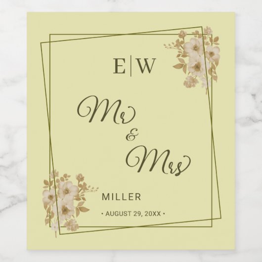 Étiquette Pour Bouteilles De Vin Cadre Rose – Monogramme Jaune Céleste Mariage (Étiquettes simples)