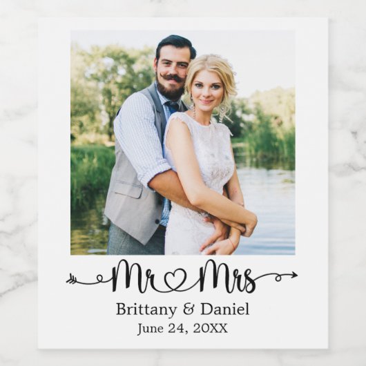 Étiquette Pour Bouteilles De Vin Calligraphie Coeur Photo M. et Mme Mariage (Étiquettes simples)