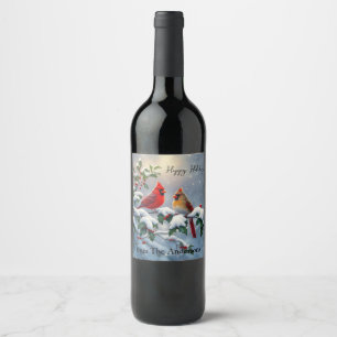Étiquette Pour Bouteilles De Vin Cardinaux rouges et Holly en neige