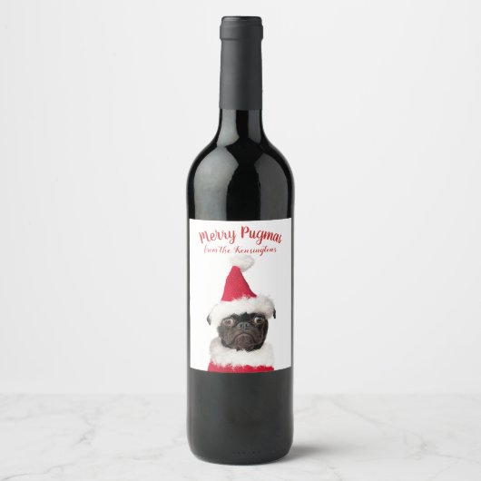 Étiquette Pour Bouteilles De Vin Carlin de Noël Puppy Père Noël Joyeux Pugmas (Devant)