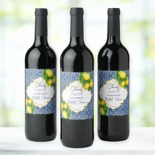 Étiquette Pour Bouteilles De Vin Carreaux bleus citron Amalfi fête de mariage perso